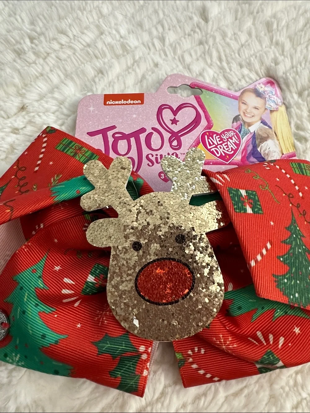 Jojo Siwa Red Holiday Bow with a Glittery Reindeer accent